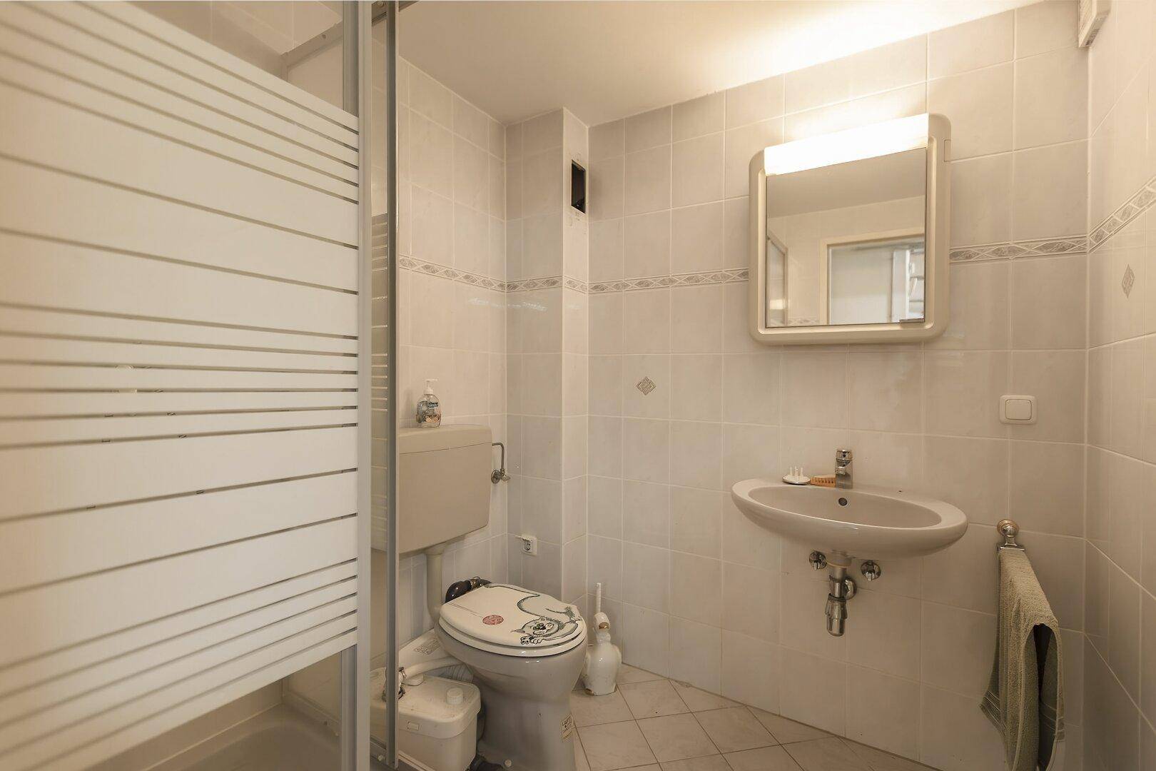 Kleines Badezimmer mit Dusche, Toilette und Waschbecken.