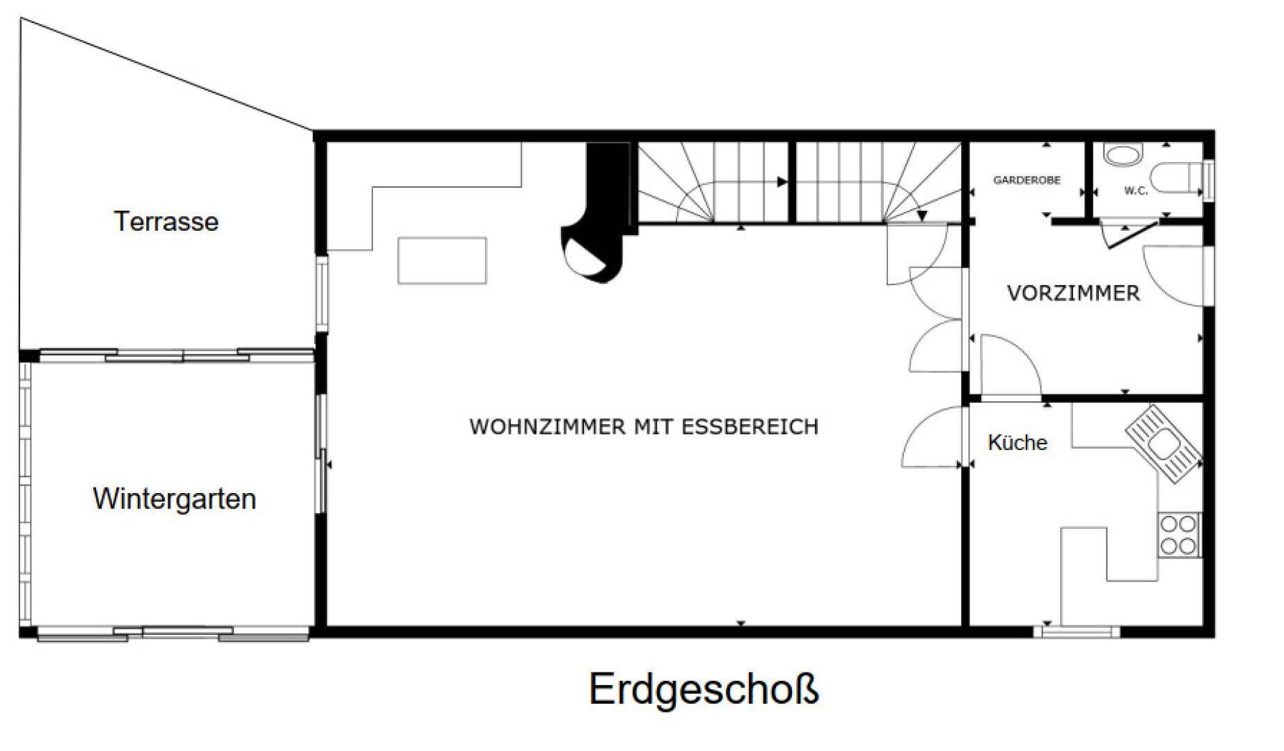 Grundriss des Erdgeschosses mit Wohnzimmer, Essbereich, Küche, Terrasse und Wintergarten.