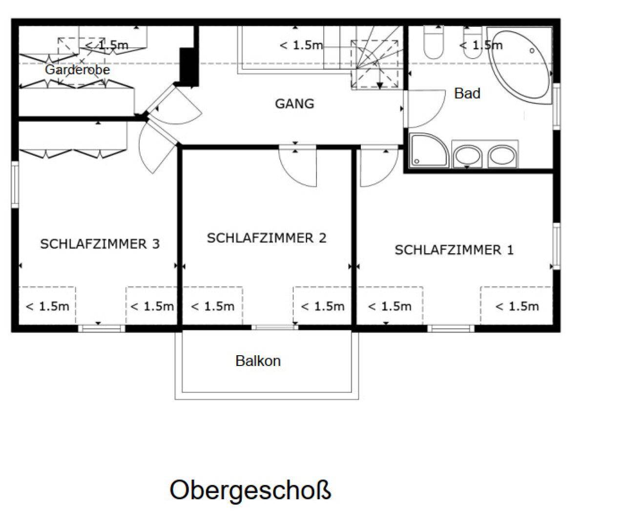Grundriss des Obergeschosses mit drei Schlafzimmern, Bad und Balkon.
