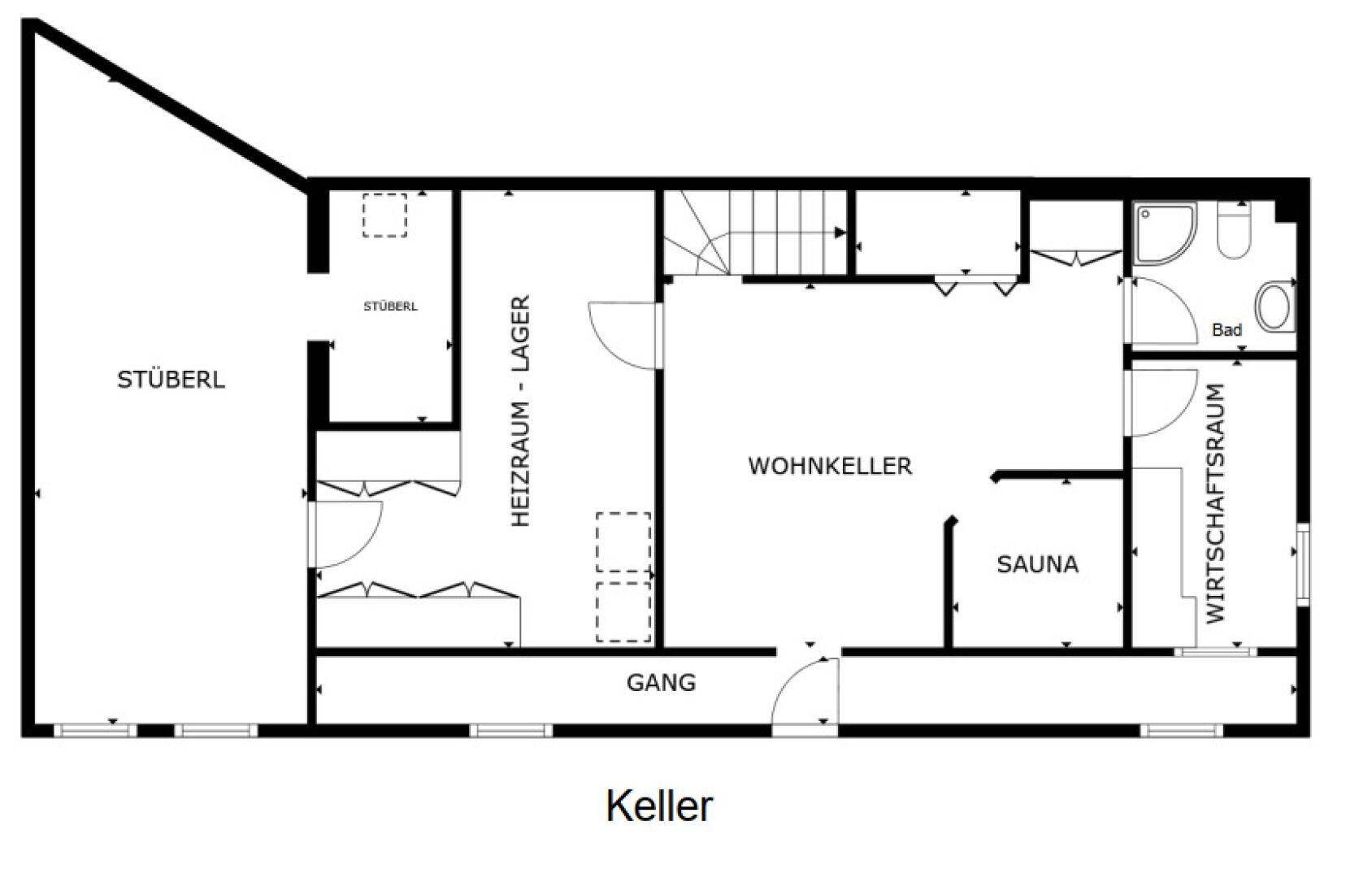 Grundriss des Kellers mit Wohnkeller, Sauna, Heizraum und Wirtschaftsraum.