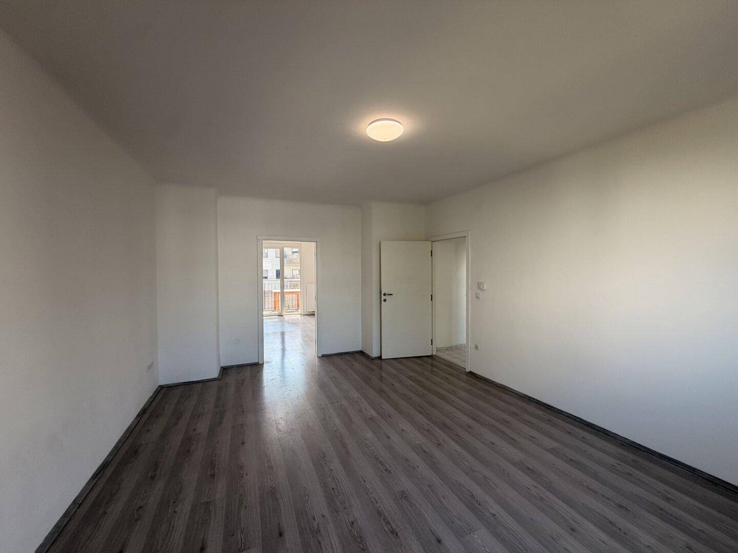 Heller, leerer Raum mit modernem Deckenlicht, grauem Laminatboden und weißen Wänden.