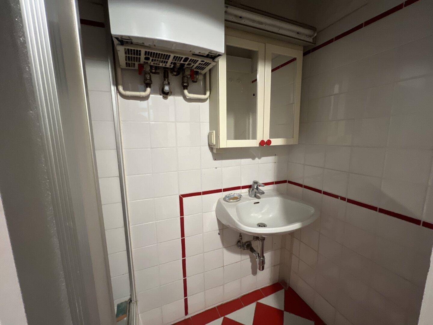 Kompaktes Badezimmer mit Dusche, Waschbecken und weiß-roten Fliesen, praktisch eingerichtet.
