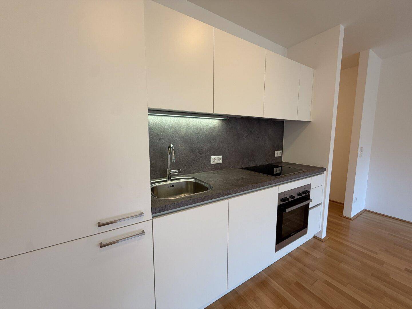 Moderne Küchenzeile mit weißen Schränken, Induktionskochfeld und integriertem Backofen.