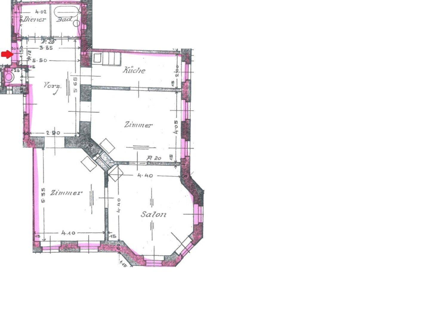 Historischer Grundriss einer Wohnung mit mehreren Zimmern und Bad.