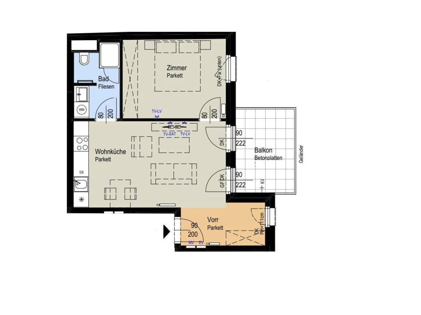 Grundriss einer Wohnung mit offener Wohnküche, einem Schlafzimmer, Bad und Balkon.