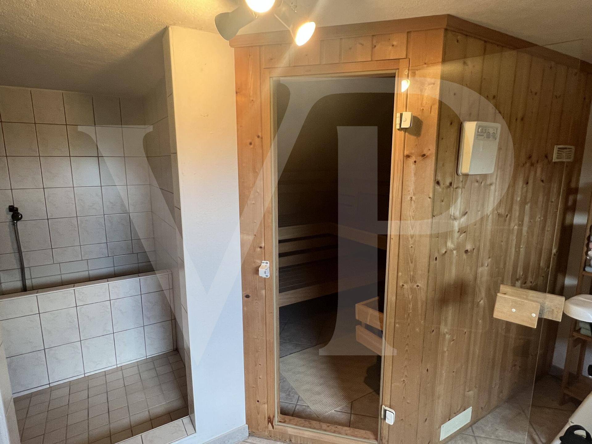 Wellnessbereich mit holzverkleideter Sauna und angrenzendem Duschbereich.