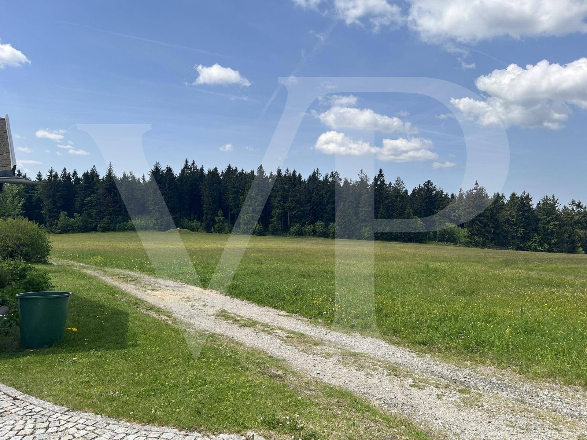 Weitläufige Wiesen und Felder grenzen direkt an das Grundstück mit Wald im Hintergrund.