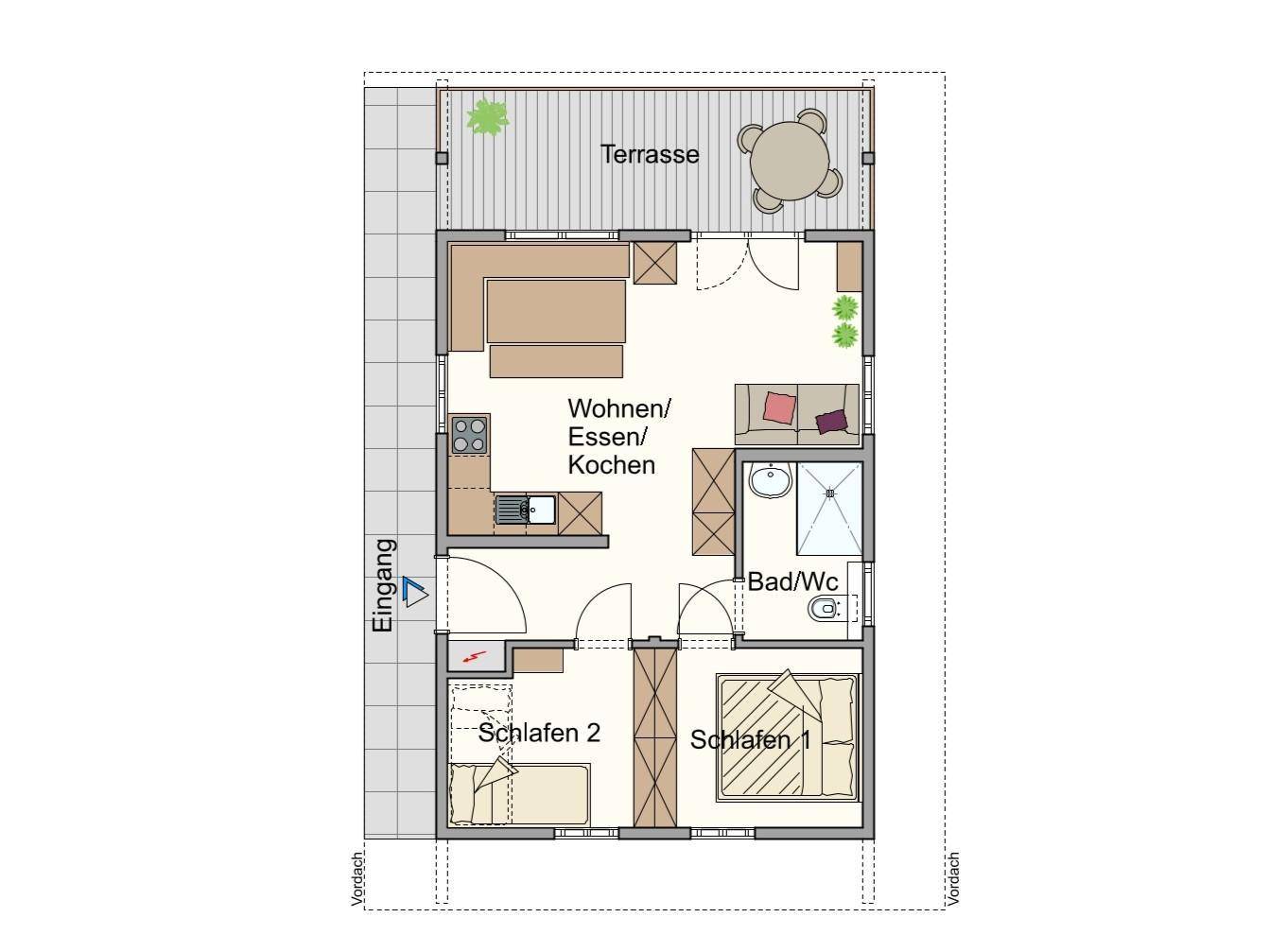 Grundriss eines Chalets mit Wohn-/Ess-/Kochbereich, zwei Schlafzimmern und Terrasse.