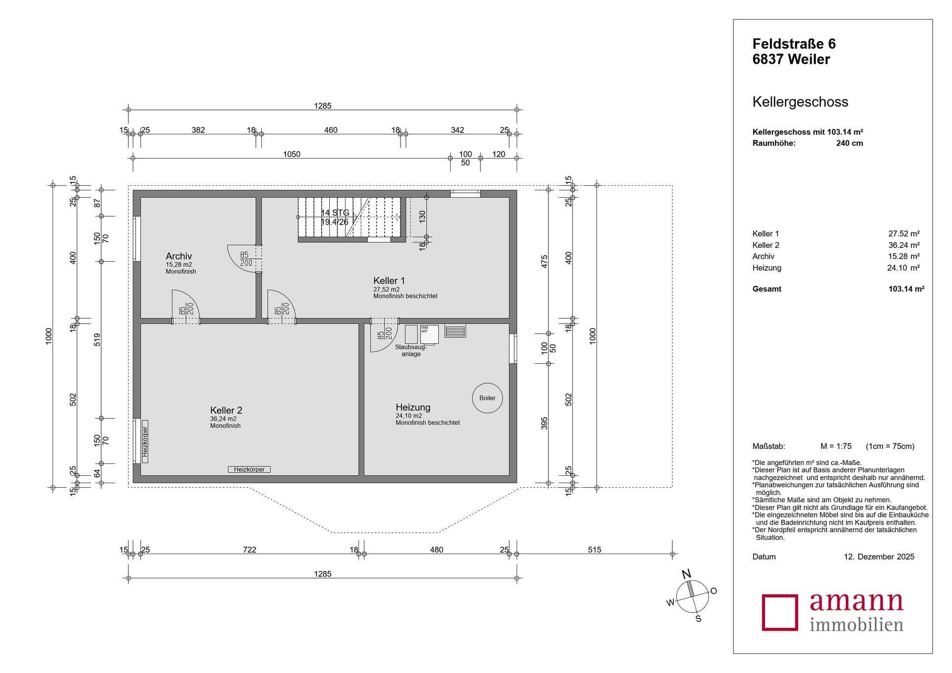 Grundriss des Kellergeschosses mit Archiv, Kellerräumen und Heizungsraum.