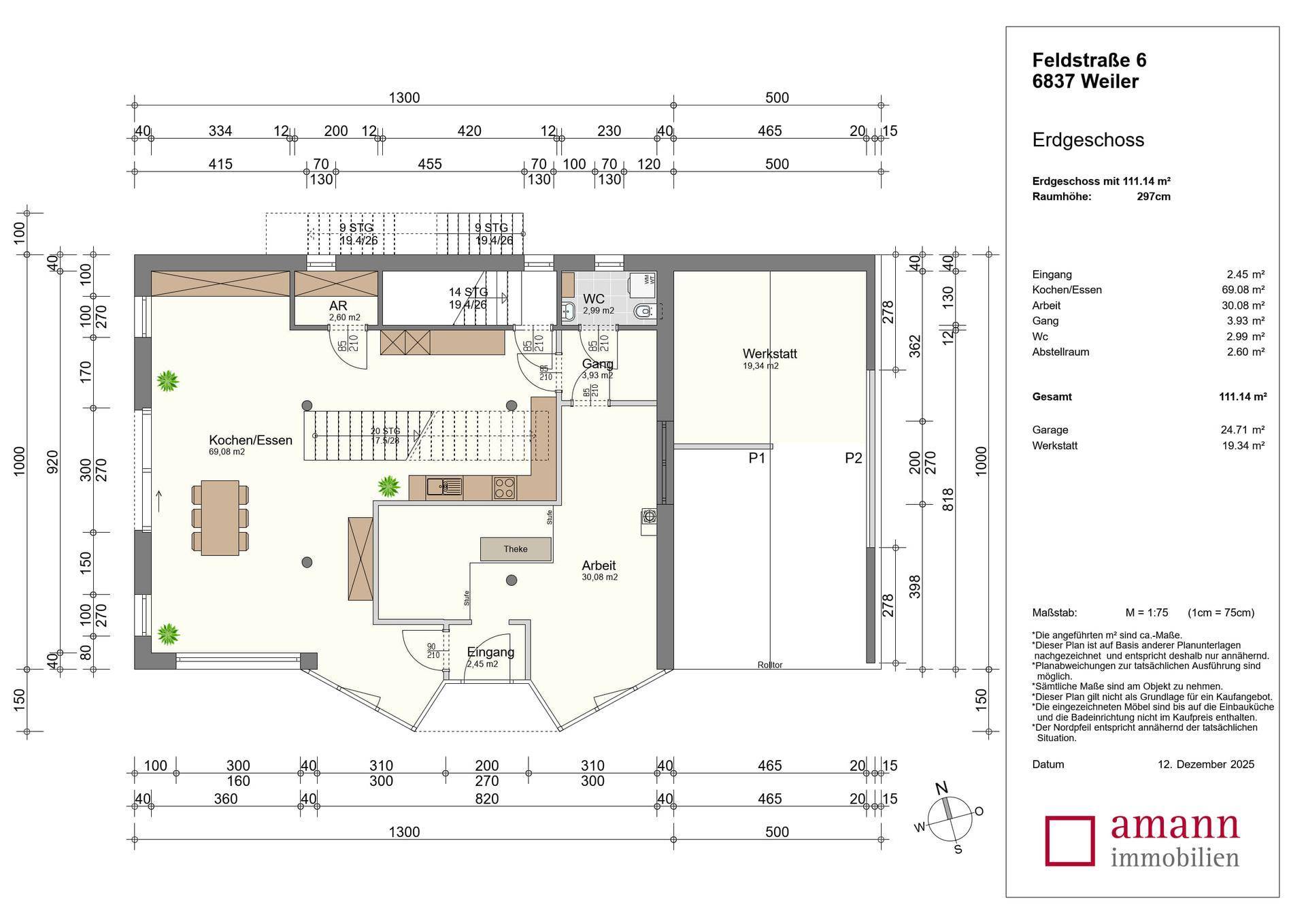 Grundriss des Erdgeschosses mit Eingangsbereich, offener Küche, Essbereich und Werkstatt.