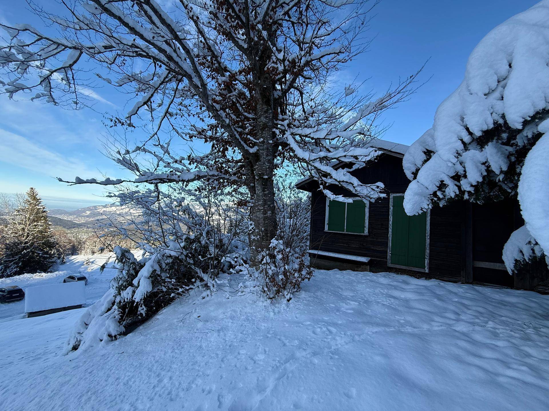 Verschneite Holzhütte in idyllischer Berglandschaft, umgeben von Bäumen und Schnee.
