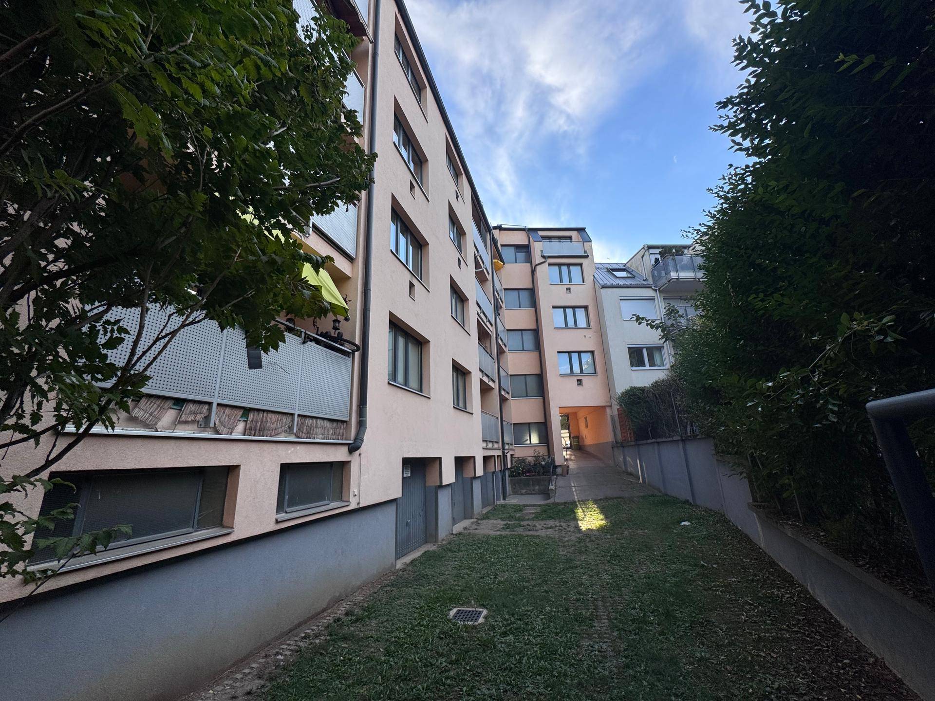 Rückansicht eines Mehrfamilienhauses mit Grünfläche und Bäumen im Hinterhof.