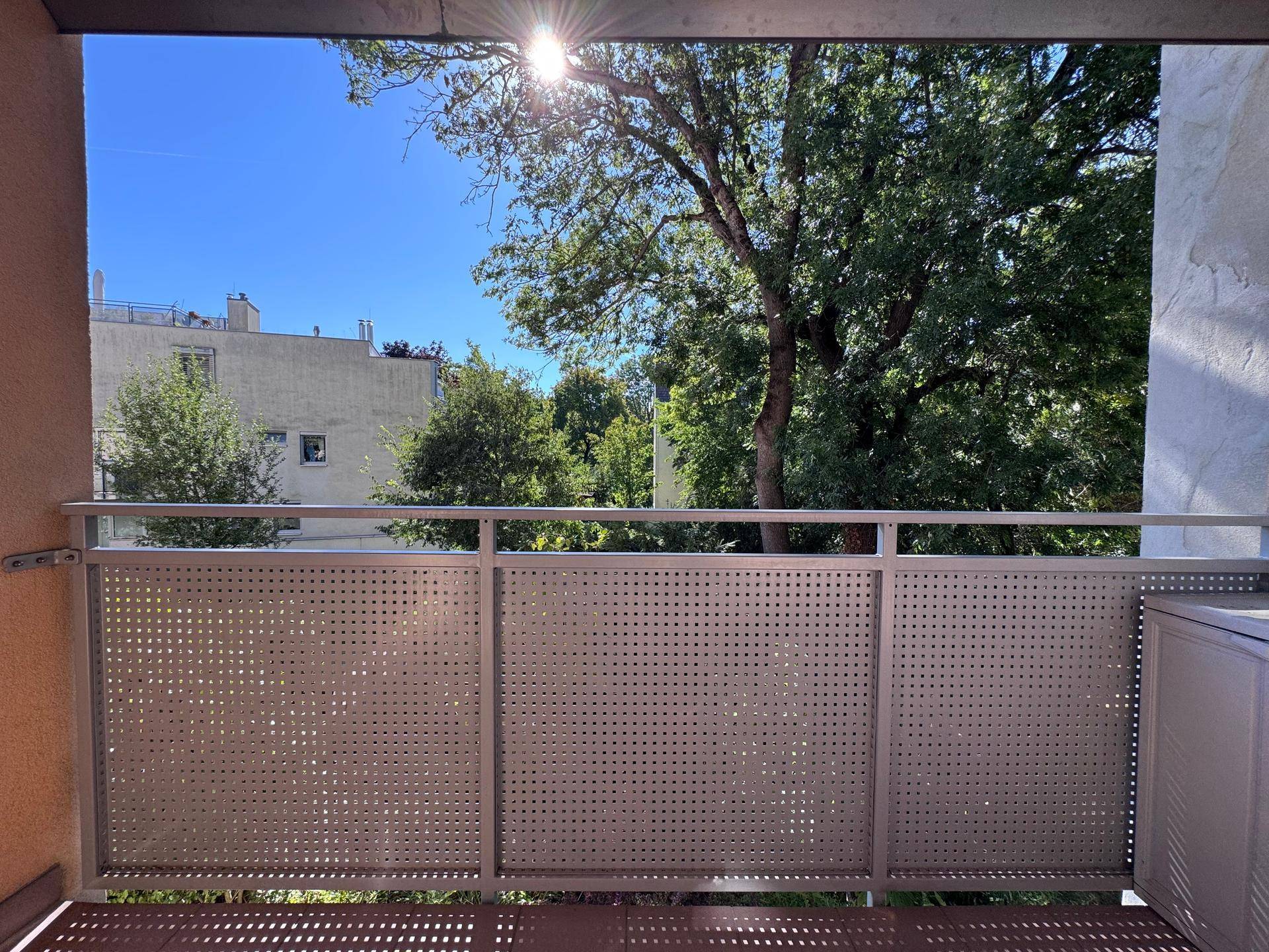 Sonniger Balkon mit weitem Blick ins Grüne und auf den blauen Himmel.