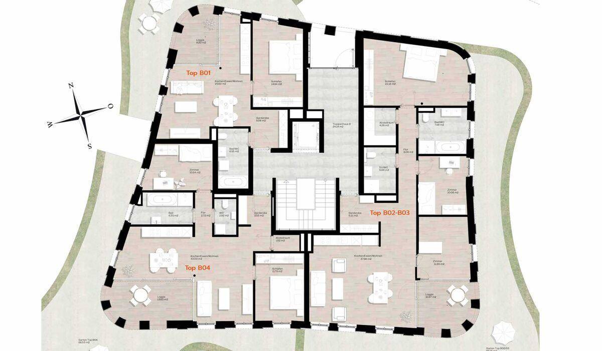 Detaillierter Grundriss einer Etage mit mehreren Wohneinheiten, die über Balkone und Terrassen verfügen.