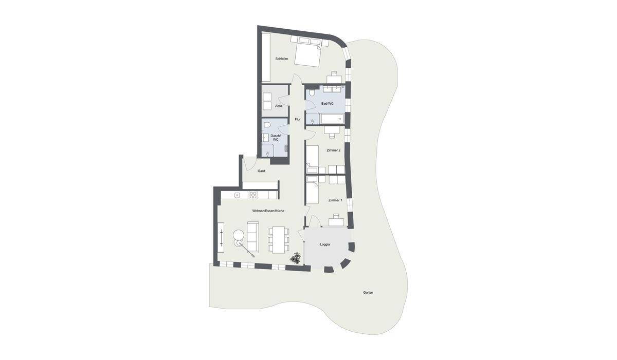 Grundriss einer Wohnung mit offenem Wohnbereich, drei Schlafzimmern, zwei Bädern und einer Loggia.