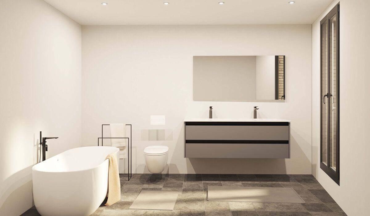 Modernes Badezimmer mit freistehender Badewanne, Doppelwaschbecken und dunklen Fliesen.