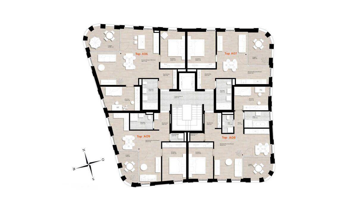 Grundriss einer Etage mit mehreren Wohneinheiten, jeweils mit Balkon oder Terrasse und offenem Wohnbereich.