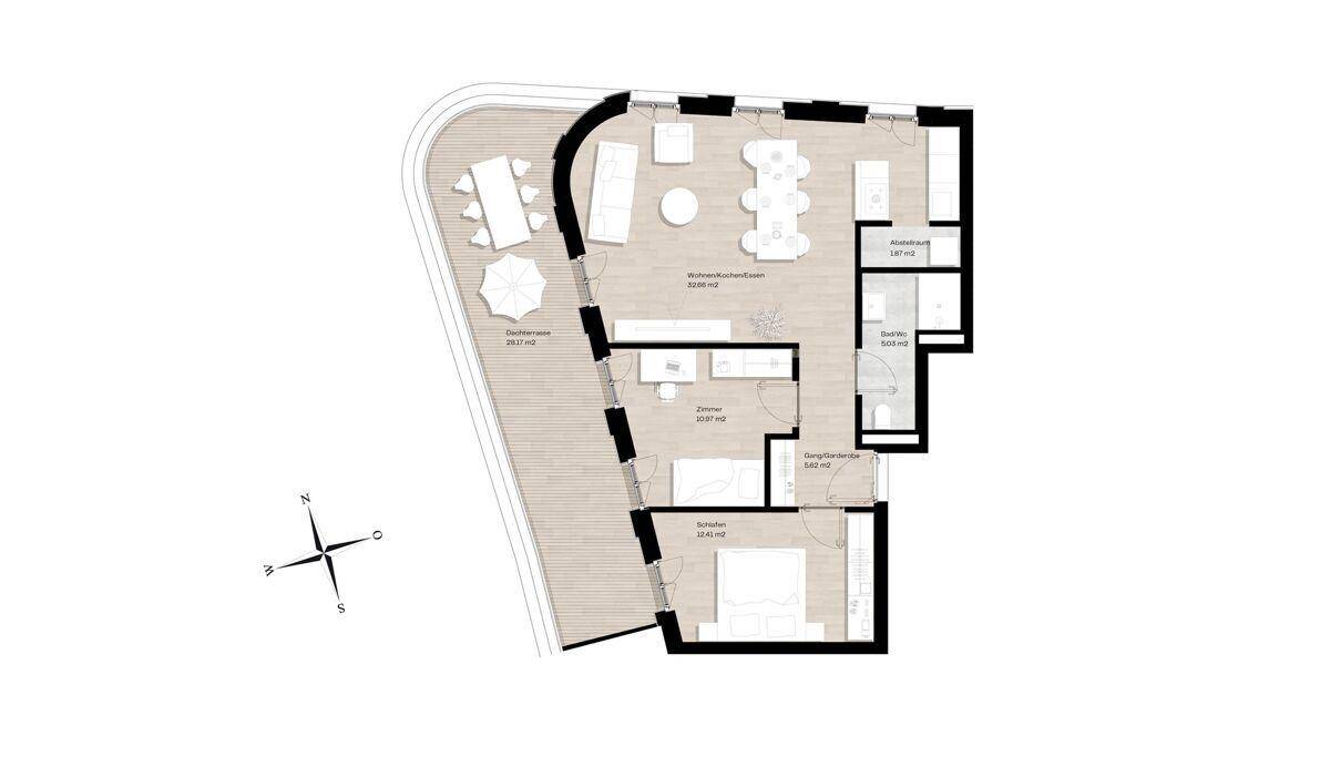 Grundriss einer Wohnung mit großer geschwungener Terrasse, offenem Wohnbereich und zwei Schlafzimmern.