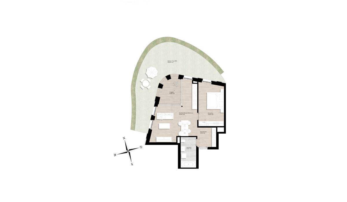 Grundriss einer Wohnung mit offenem Wohnbereich, Schlafzimmer und einer großzügigen Terrasse.