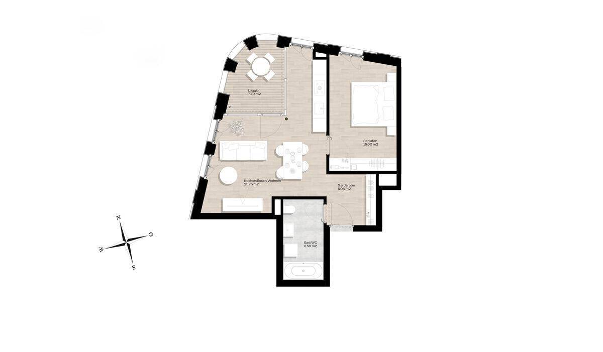 Grundriss einer Wohnung mit einem Schlafzimmer, offenem Wohnbereich und Loggia.