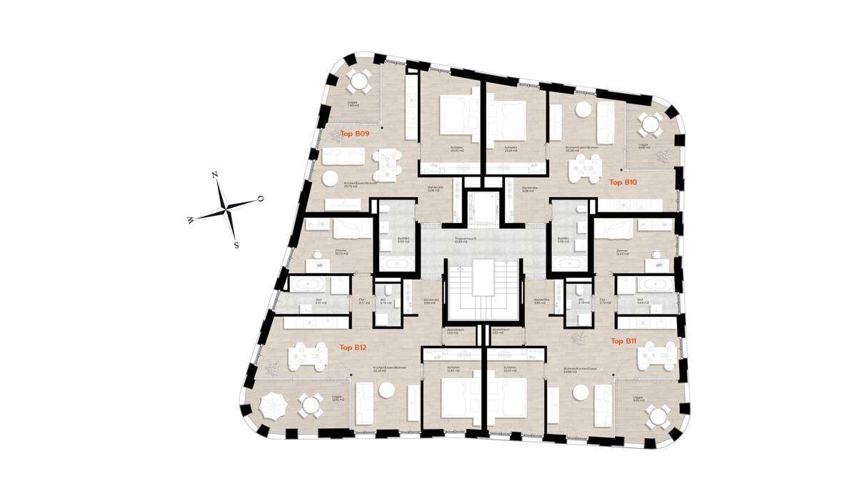 Grundriss einer Etage mit mehreren Wohneinheiten, jeweils mit Balkon oder Terrasse und offenem Wohnbereich.