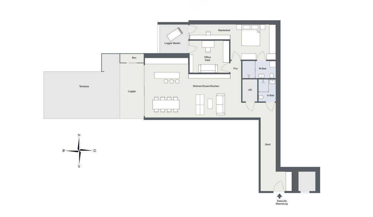 Grundriss einer Wohnung mit großzügiger Terrasse, Loggia, Schlafzimmern und Bädern.