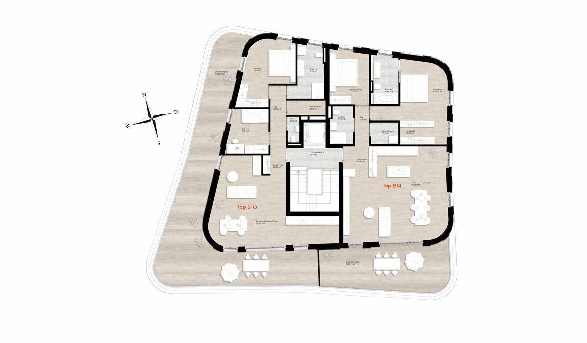Grundriss einer Etage mit zwei großzügigen Wohneinheiten, die jeweils über weitläufige Terrassen verfügen.