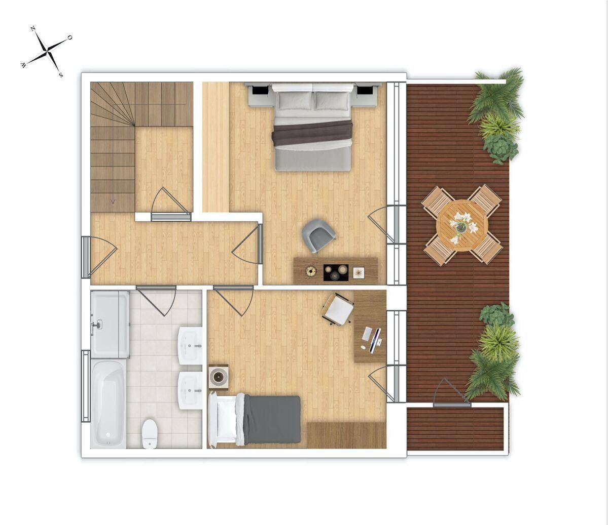 Grundriss der oberen Etage mit Schlafzimmern, Bad und großer Dachterrasse.
