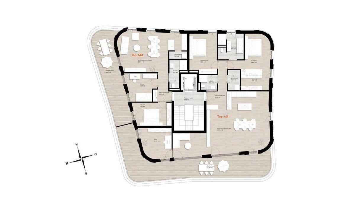 Grundriss einer Etage mit verschiedenen Wohnungen, die über Balkone und offene Wohnbereiche verfügen.
