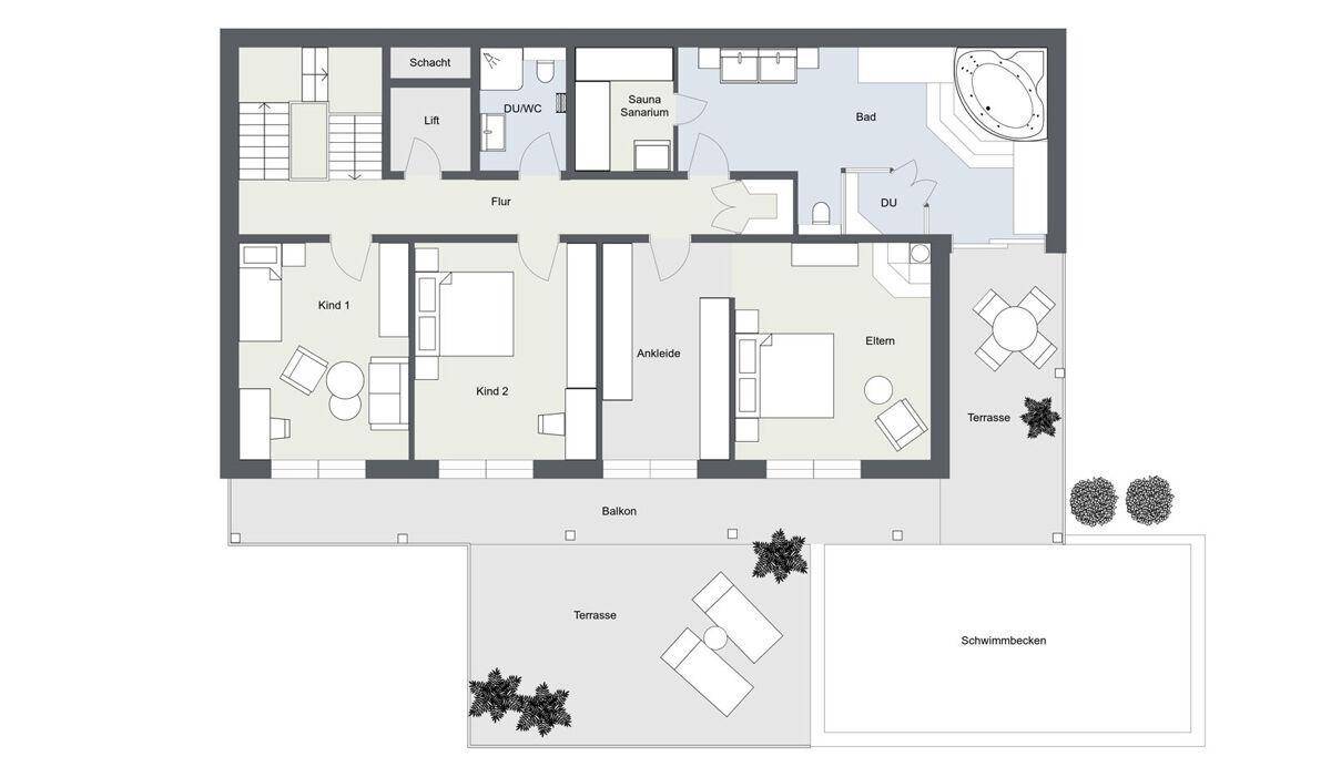 Grundriss des Erdgeschosses mit Schlafzimmern, Bädern, Sauna und Terrasse mit Pool.