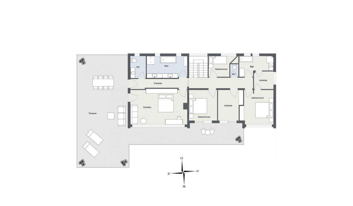 Grundriss des Obergeschosses mit Schlafzimmern, Bädern, Ankleiden und großer Terrasse.