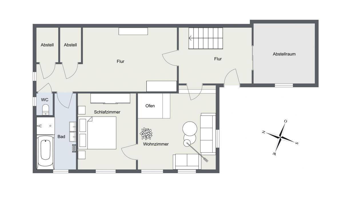 Grundriss des Erdgeschosses mit Wohnzimmer, Schlafzimmer, Bad und Abstellräumen.