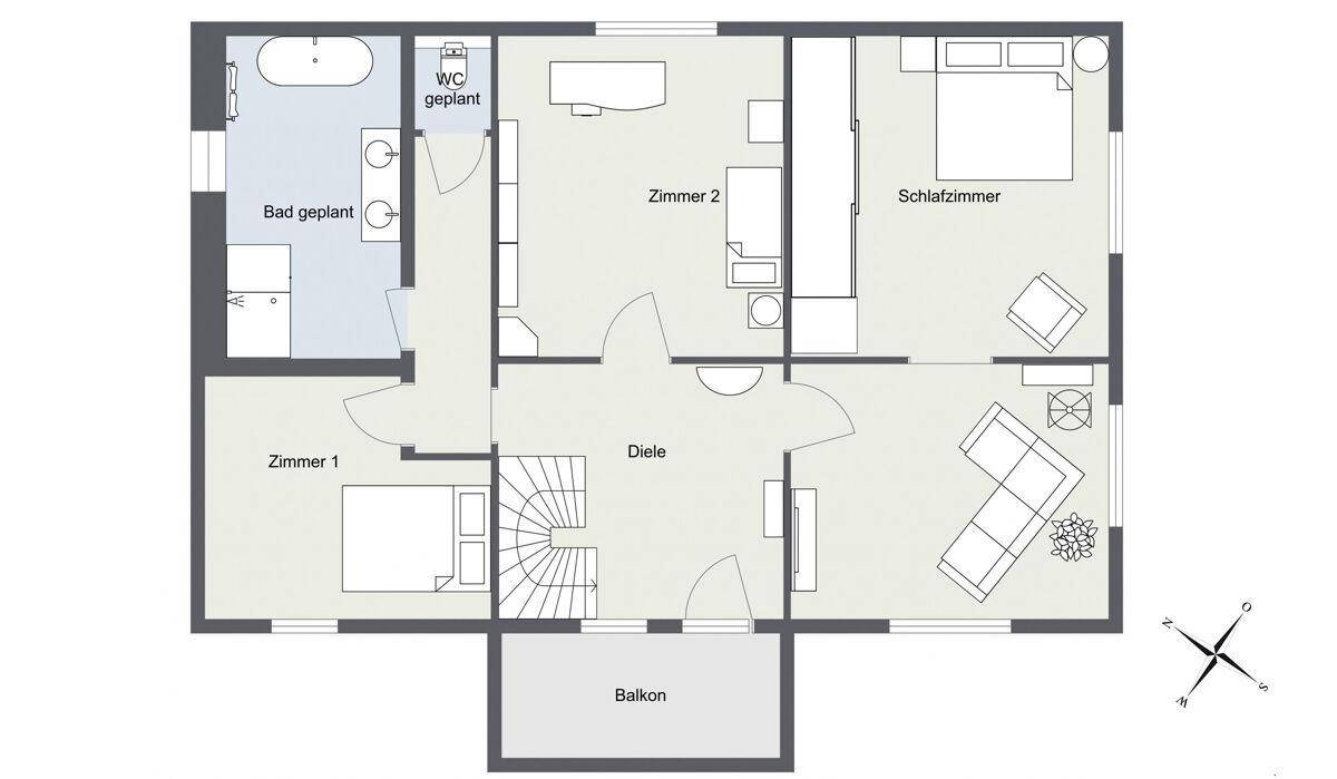 Grundriss des Obergeschosses mit Schlafzimmern, Bad und Balkon.