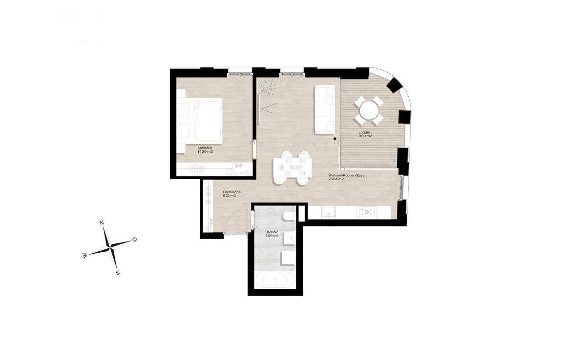 Grundriss einer Wohnung mit Schlafzimmer, Wohnküche und Loggia.