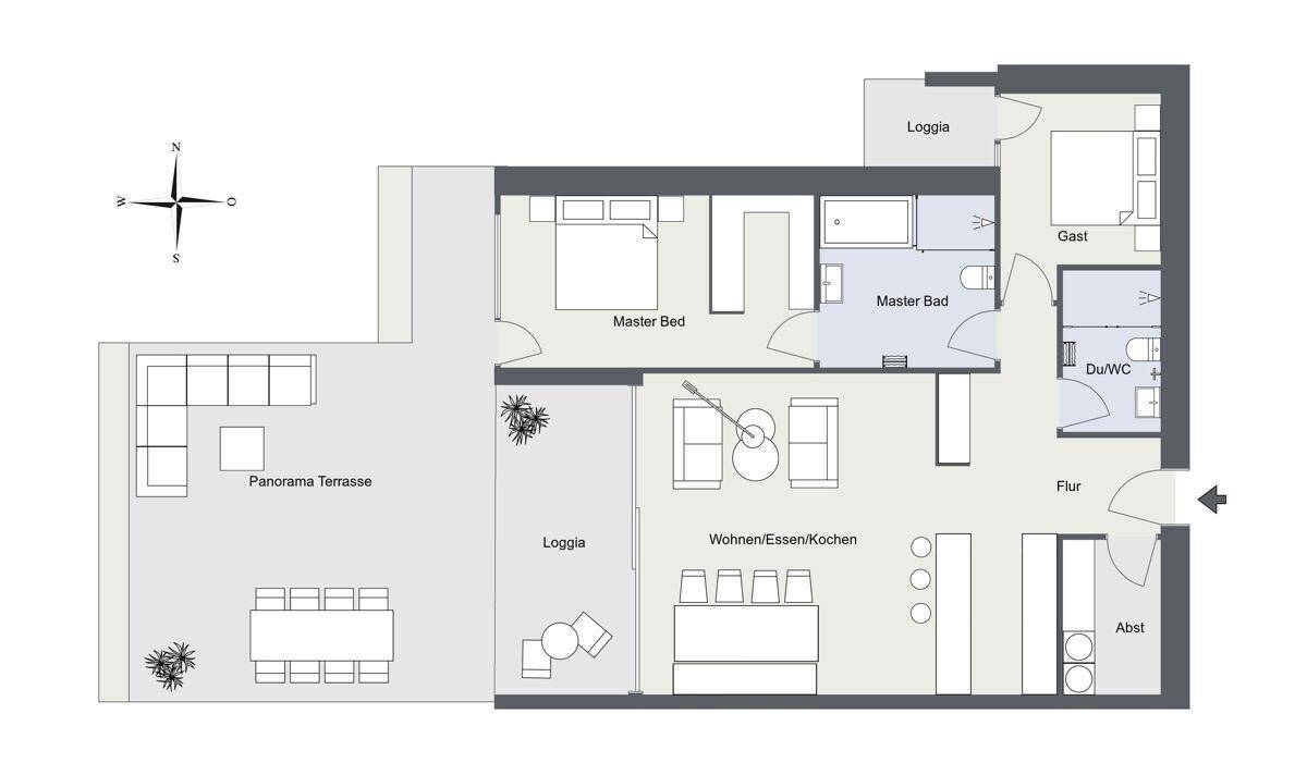 Grundriss einer Wohnung mit offenem Wohn-/Ess-/Kochbereich, zwei Schlafzimmern, zwei Bädern und einer großen Panoramaterrasse.