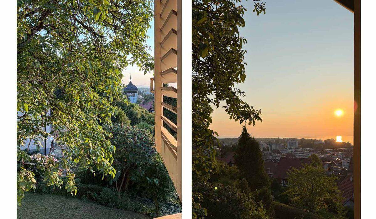 Zwei Ansichten von einem Balkon oder Fenster, links grüne Bäume, rechts Sonnenuntergang über Stadt und See.