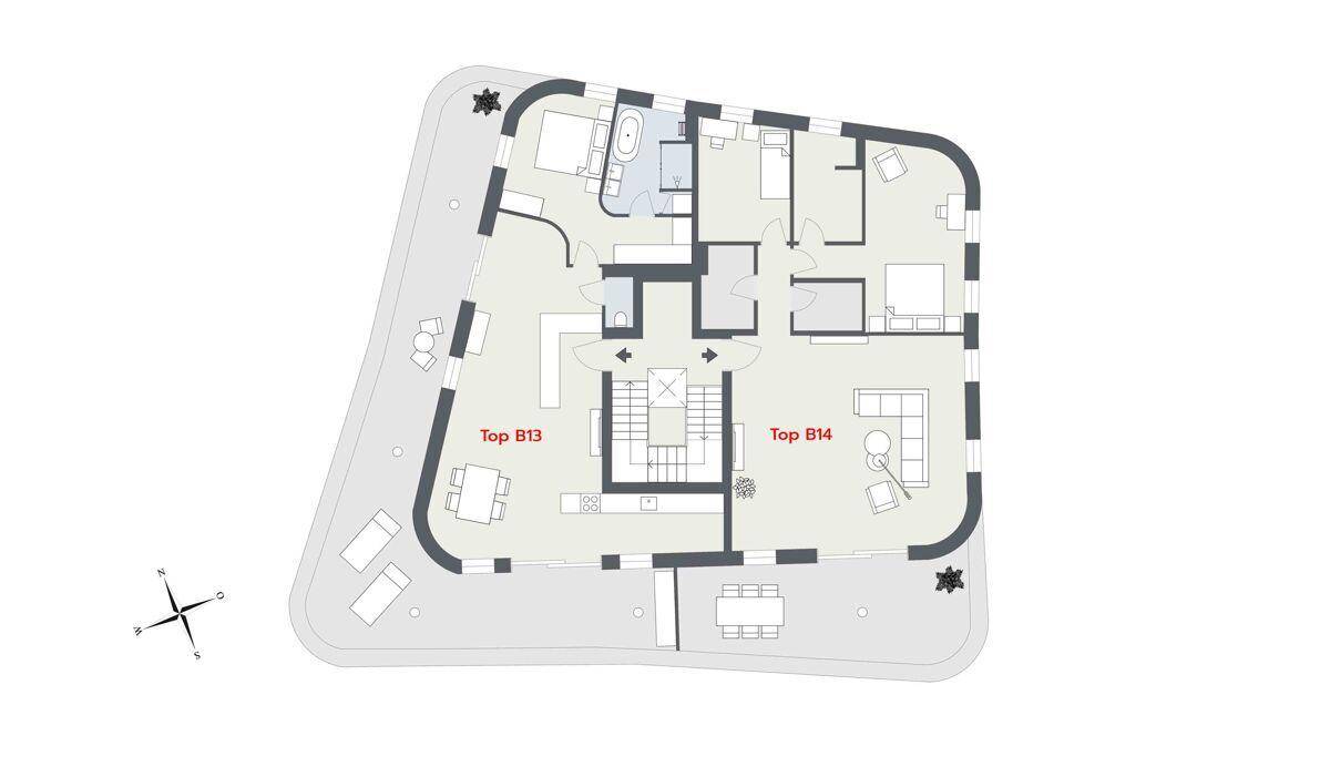 Grundrissplan einer Etage mit zwei Wohnungen, jeweils mit großzügigen Außenbereichen.