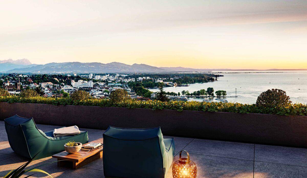 Visualisierung einer modernen Terrasse mit Sitzgelegenheiten und weitem Blick auf den See und die Stadt.