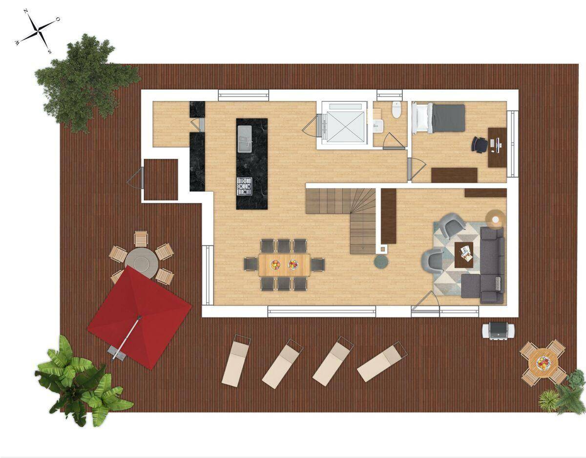 Grundriss der unteren Etage mit offenem Wohnbereich, Küche und großer Terrasse.