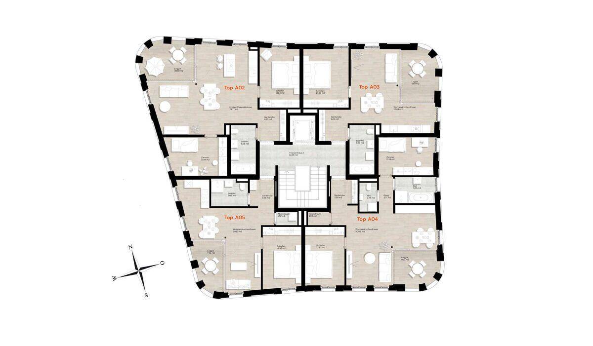 Grundriss eines Obergeschosses mit mehreren Wohnungen und zentralem Treppenhaus.