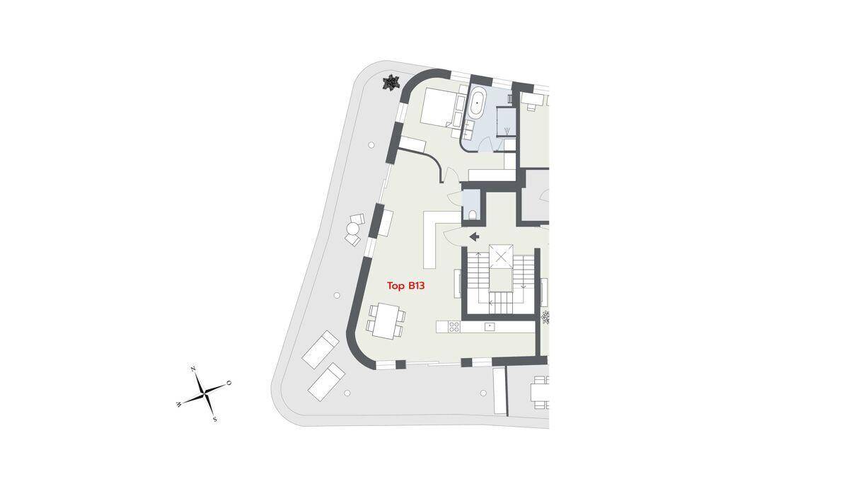 Grundriss einer Wohnung mit offenem Wohnbereich, Schlafzimmer und großer Terrasse.