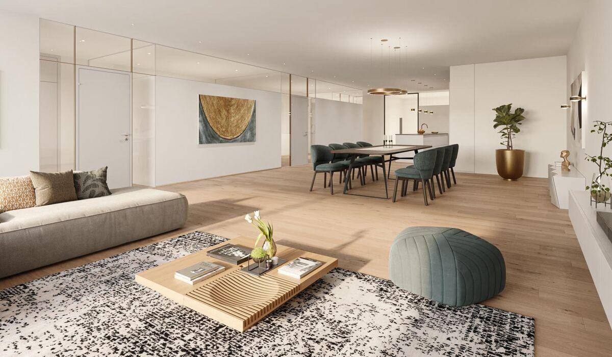 Offener Wohn- und Essbereich mit modernem Design, Holzboden und stilvollen Möbeln.