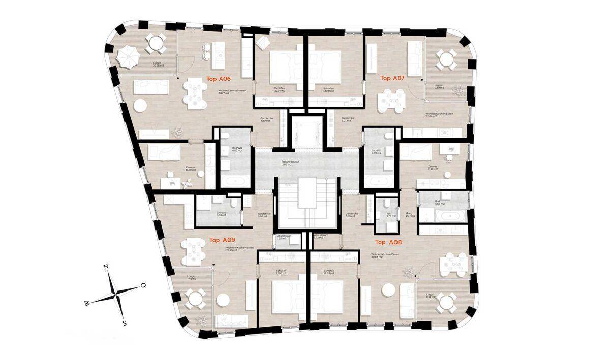 Grundrissplan einer Etage mit mehreren Wohneinheiten, jeweils mit Balkon und offenem Wohnbereich.
