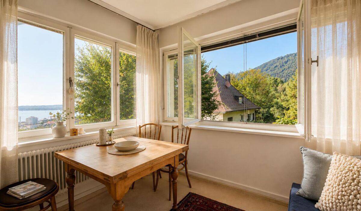 Gemütlicher Essbereich mit Holztisch und Stühlen, umgeben von Fenstern mit Blick auf den See und die Berge.