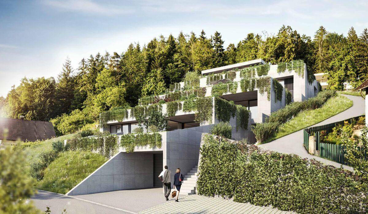 Moderne Architektur mit begrünten Fassaden, harmonisch in die bewaldete Hanglage integriert.