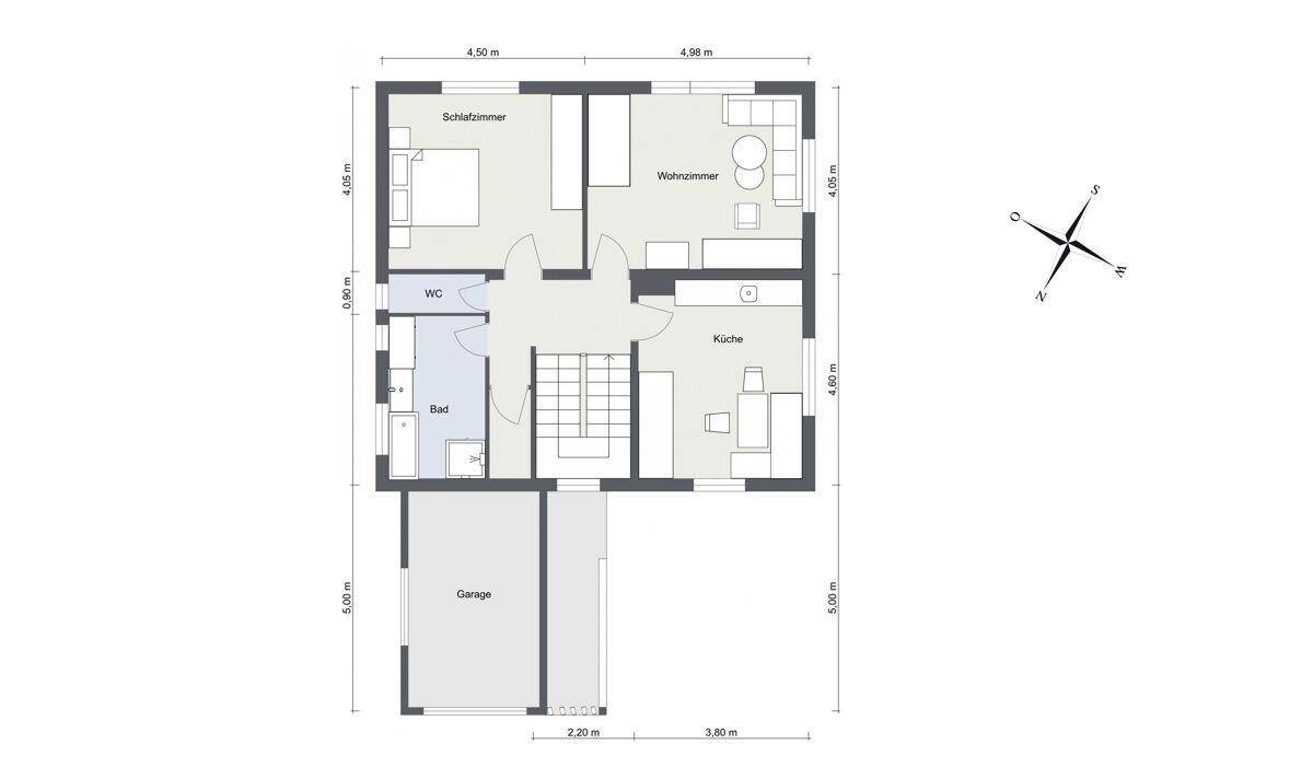 Grundriss des Erdgeschosses mit Schlafzimmer, Wohnzimmer, Küche, Bad, WC und Garage.