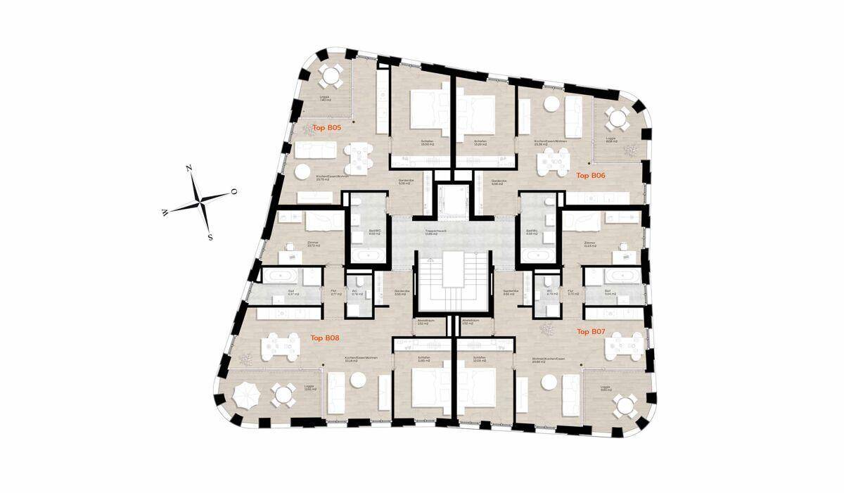 Grundriss einer Etage mit mehreren Apartments, die jeweils über Balkone und offene Wohnbereiche verfügen.