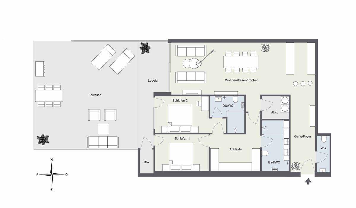 Grundriss mit großer Terrasse, Loggia, zwei Schlafzimmern und offenem Wohn-Ess-Küchenbereich.