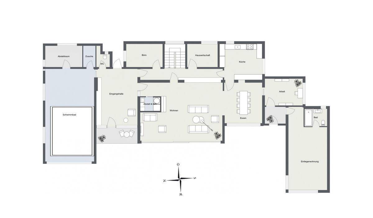 Grundriss des Erdgeschosses mit offenem Wohnbereich, Küche, Esszimmer und Schwimmbad.