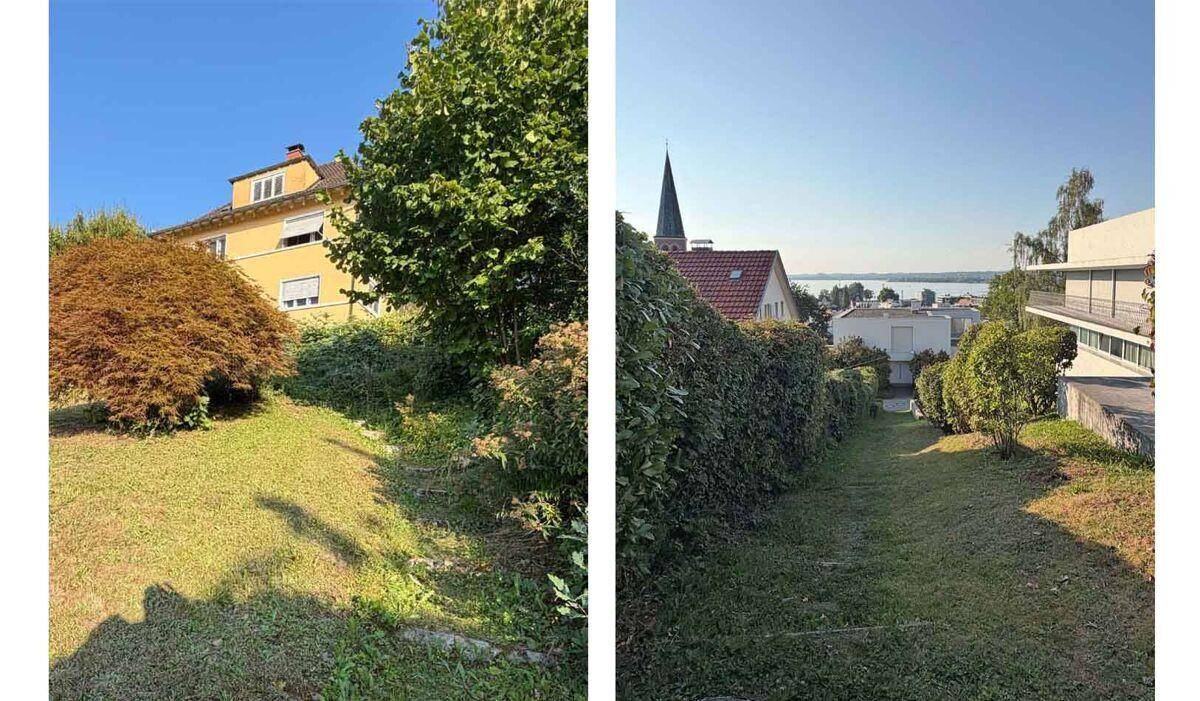 Gartenansichten mit Rasenfläche, Bäumen und einem Weg, der zu einem Blick auf Kirche und See führt.